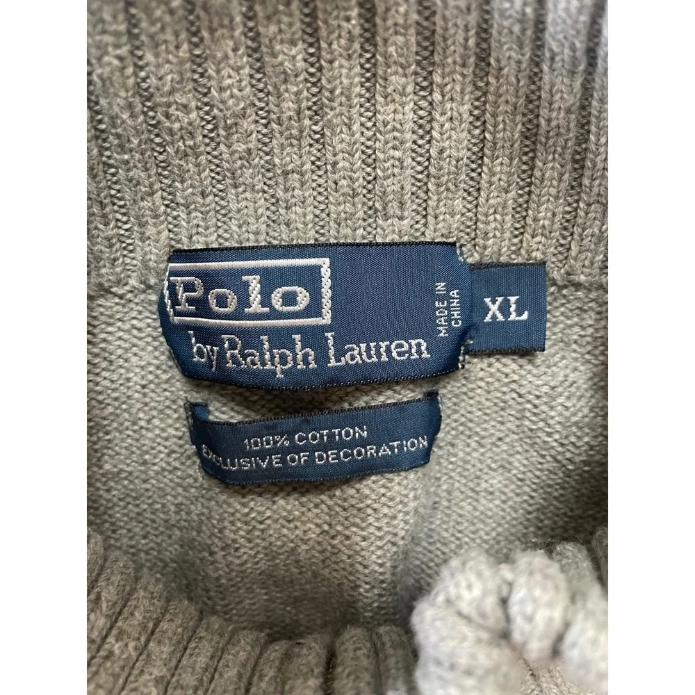 Polo Ralph Lauren Men XL Gray 100% Cotton Quarter Zip Sweater Leather Pull